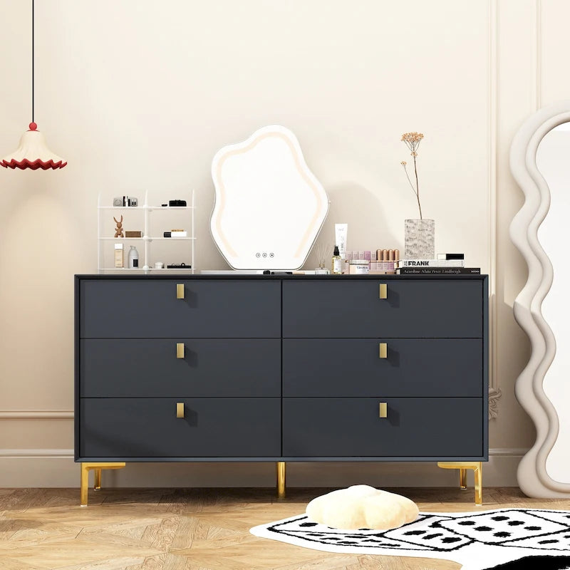 Commode à 6 tiroirs en bois pour chambre à coucher avec rangement, or moderne