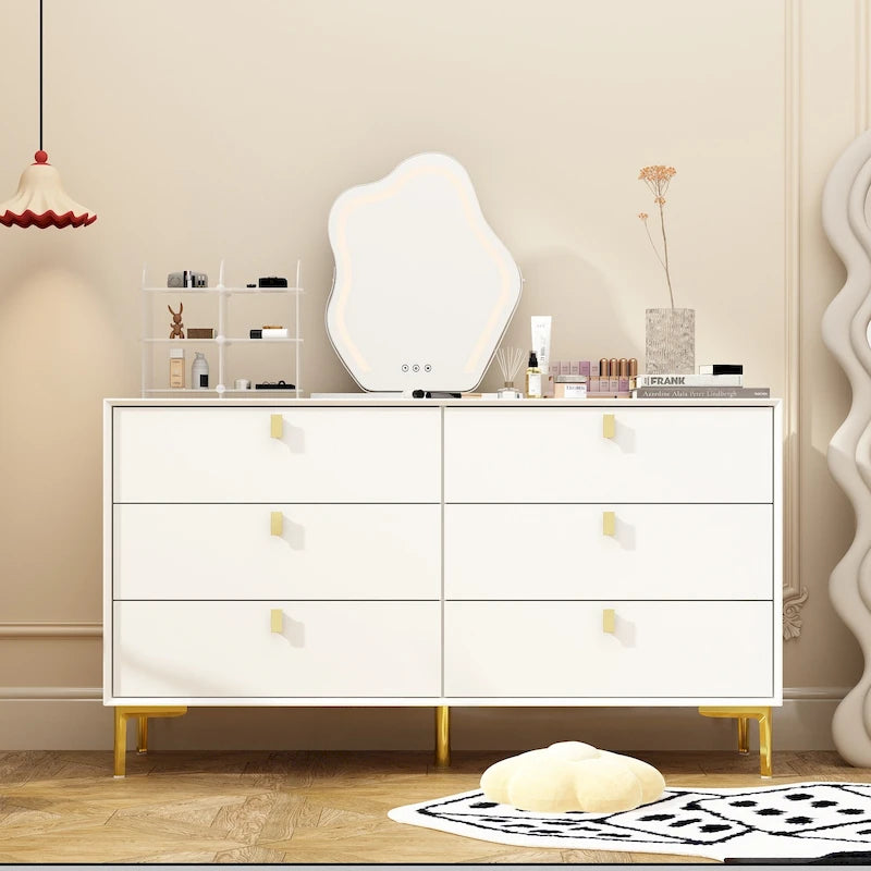 Commode à 6 tiroirs en bois pour chambre à coucher avec rangement, or moderne
