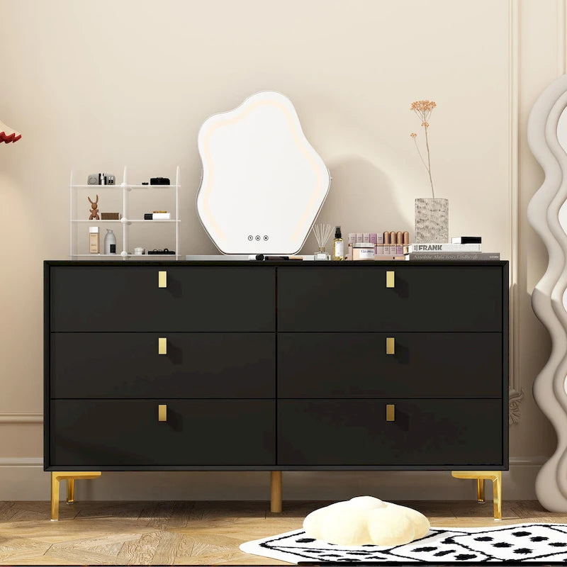 Commode à 6 tiroirs en bois pour chambre à coucher avec rangement, or moderne