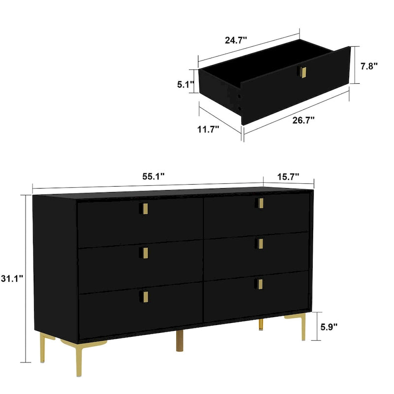 Commode à 6 tiroirs en bois pour chambre à coucher avec rangement, or moderne