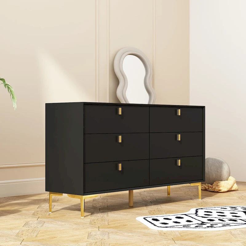 Commode à 6 tiroirs en bois pour chambre à coucher avec rangement, or moderne