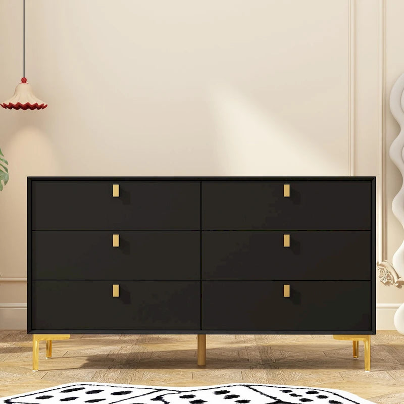 Commode à 6 tiroirs en bois pour chambre à coucher avec rangement, or moderne