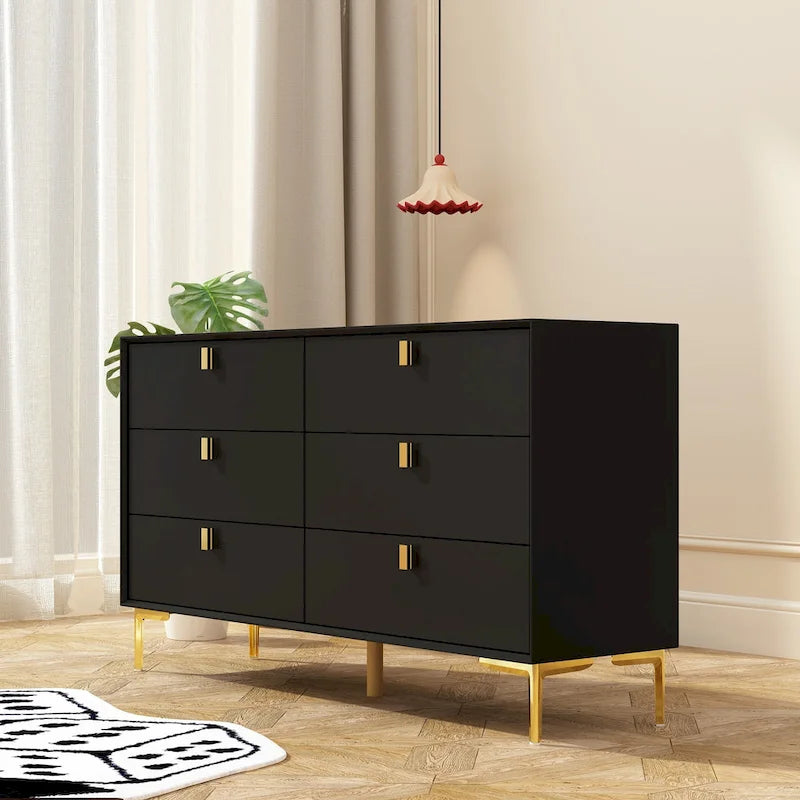 Commode à 6 tiroirs en bois pour chambre à coucher avec rangement, or moderne