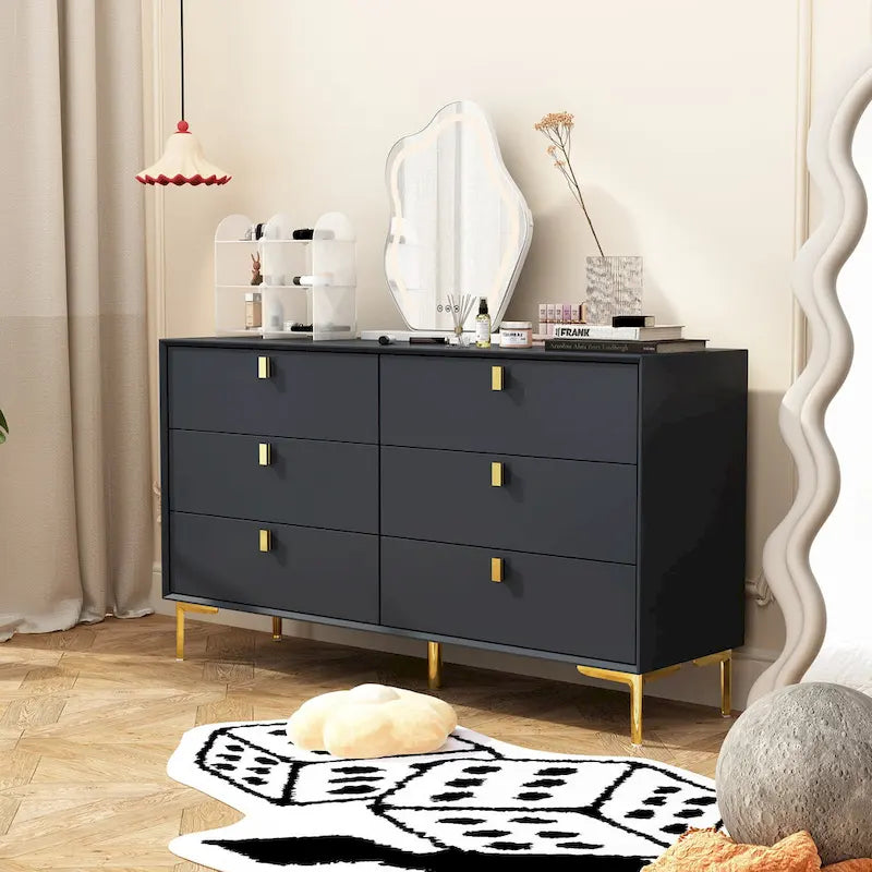 Commode à 6 tiroirs en bois pour chambre à coucher avec rangement, or moderne