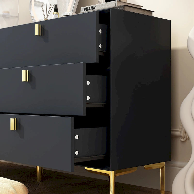 Commode à 6 tiroirs en bois pour chambre à coucher avec rangement, or moderne