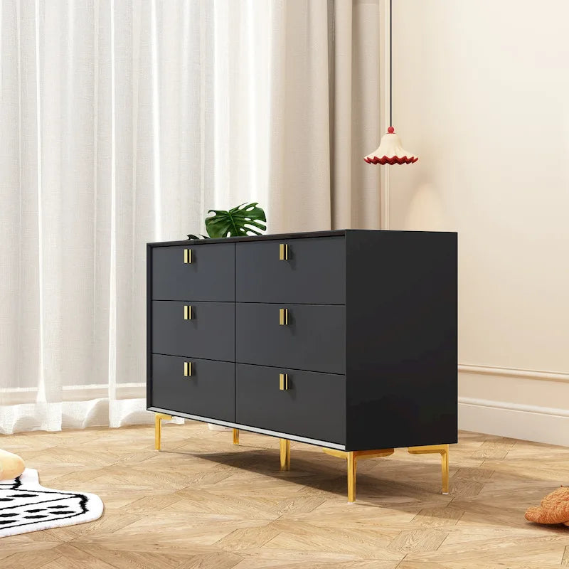 Commode à 6 tiroirs en bois pour chambre à coucher avec rangement, or moderne