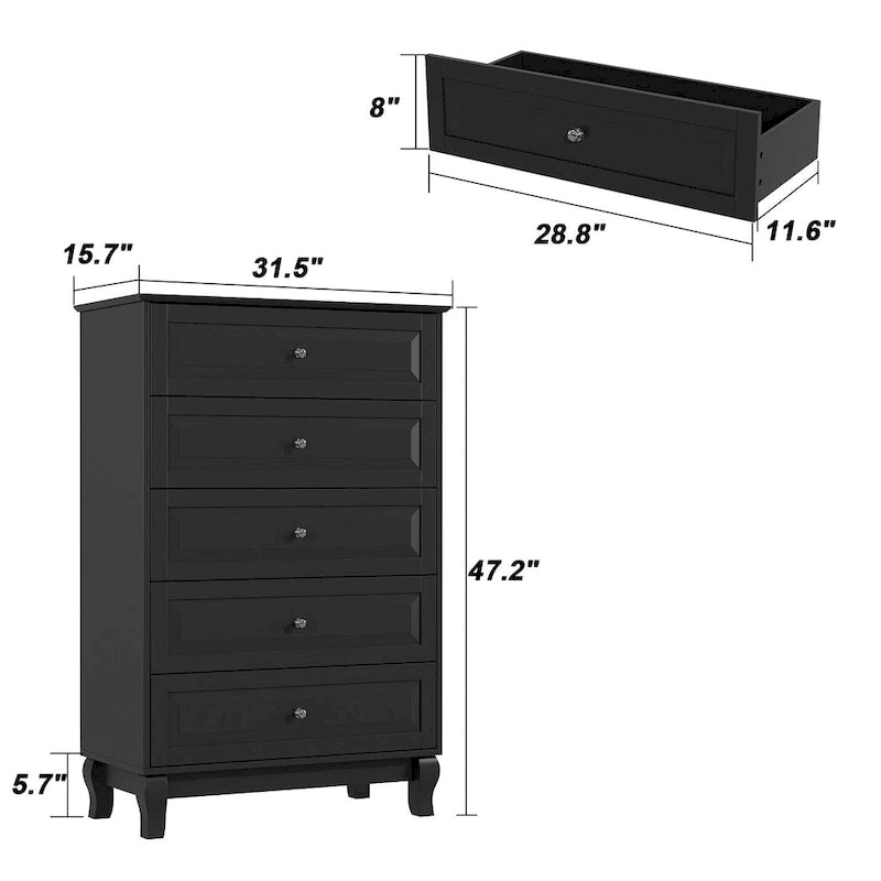Table de chevet, commode à 5 tiroirs, armoire de rangement haute