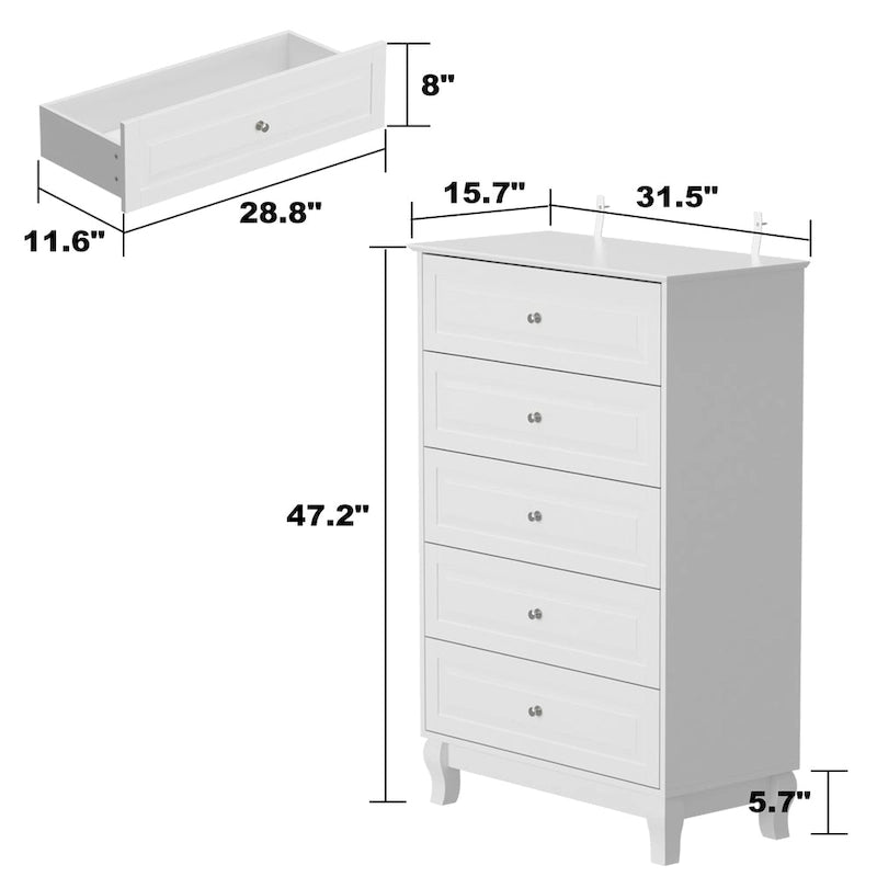 Table de chevet, commode à 5 tiroirs, armoire de rangement haute