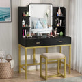 Coiffeuse avec miroirs LED, étagères de rangement, tabouret rembourré et 2 tiroirs