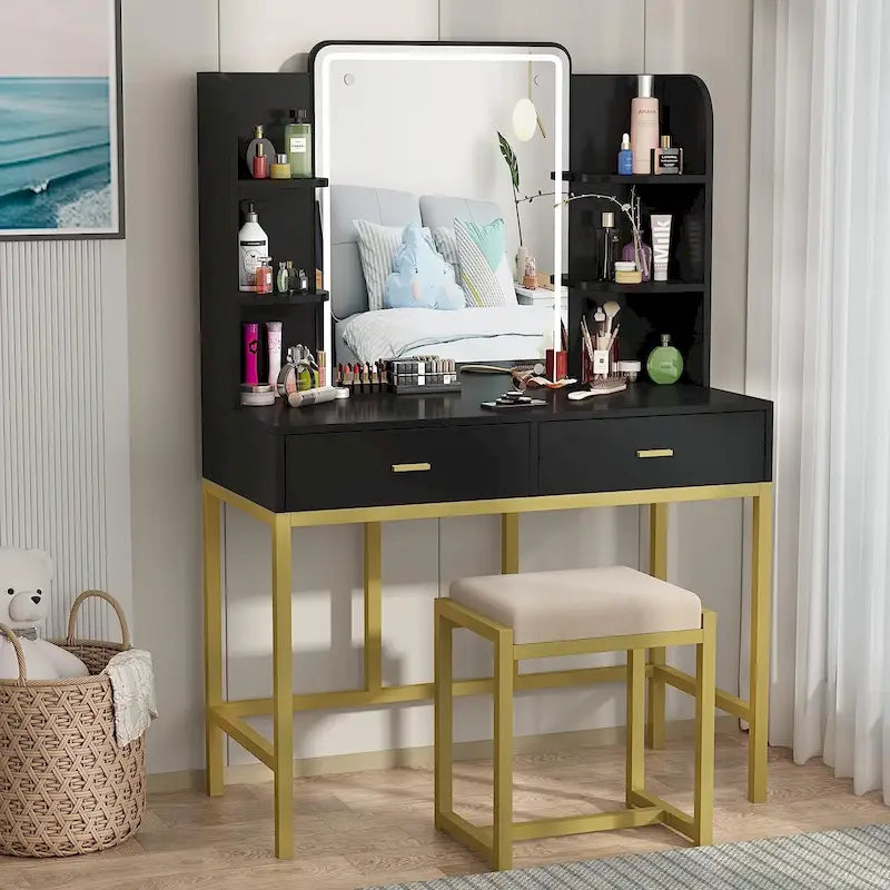 Coiffeuse avec miroirs LED, étagères de rangement, tabouret rembourré et 2 tiroirs