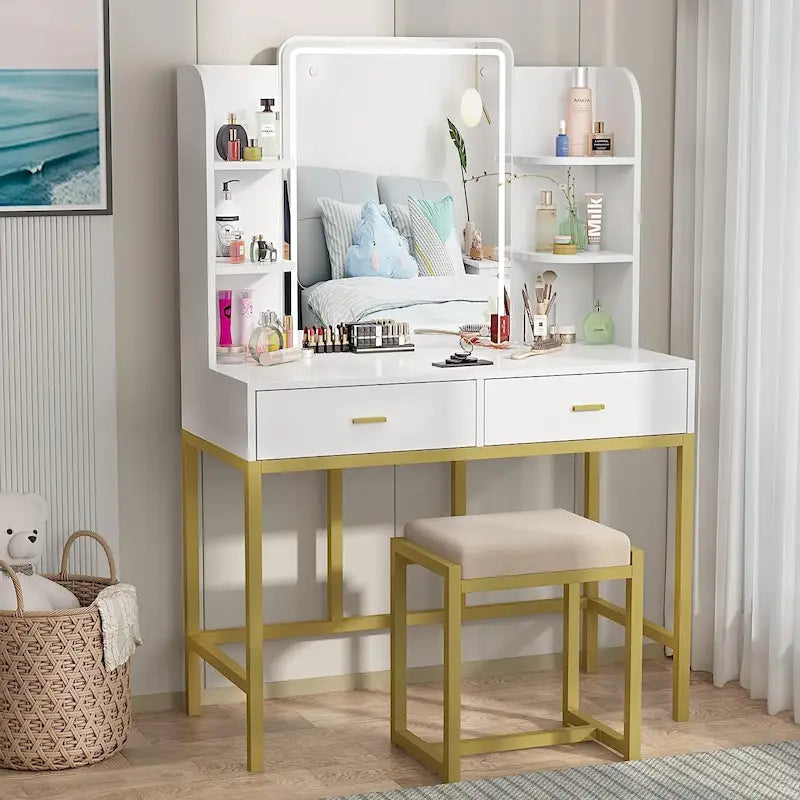 Coiffeuse avec miroirs LED, étagères de rangement, tabouret rembourré et 2 tiroirs