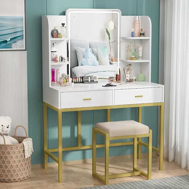 Coiffeuse avec miroirs LED, étagères de rangement, tabouret rembourré et 2 tiroirs