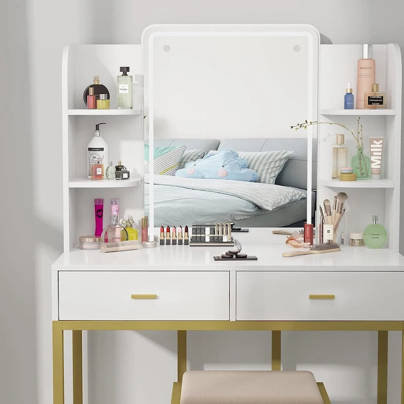 Coiffeuse avec miroirs LED, étagères de rangement, tabouret rembourré et 2 tiroirs