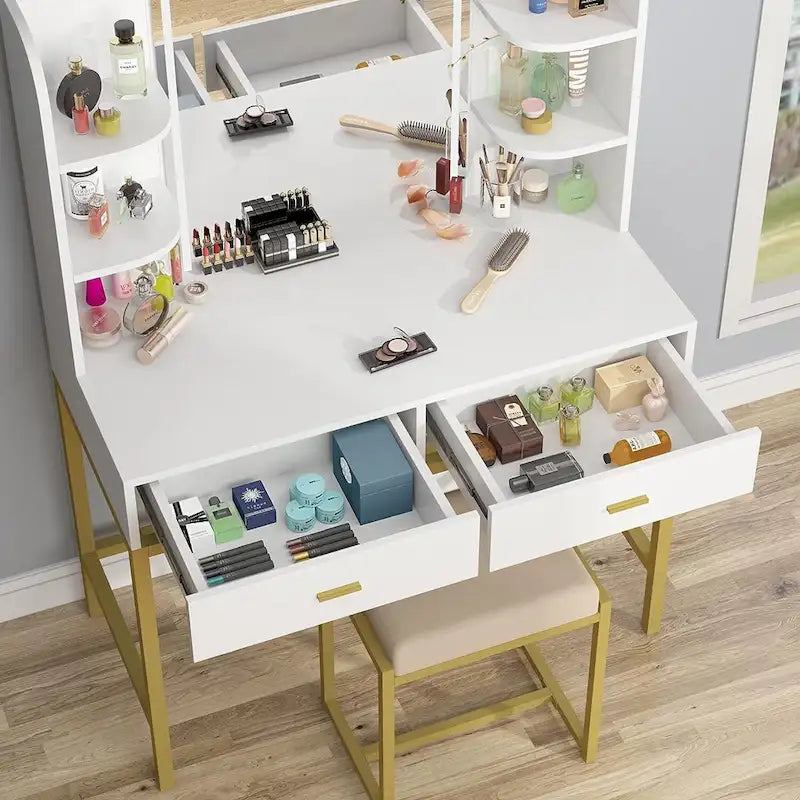 Coiffeuse avec miroirs LED, étagères de rangement, tabouret rembourré et 2 tiroirs