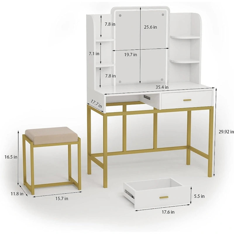 Coiffeuse avec miroirs LED, étagères de rangement, tabouret rembourré et 2 tiroirs