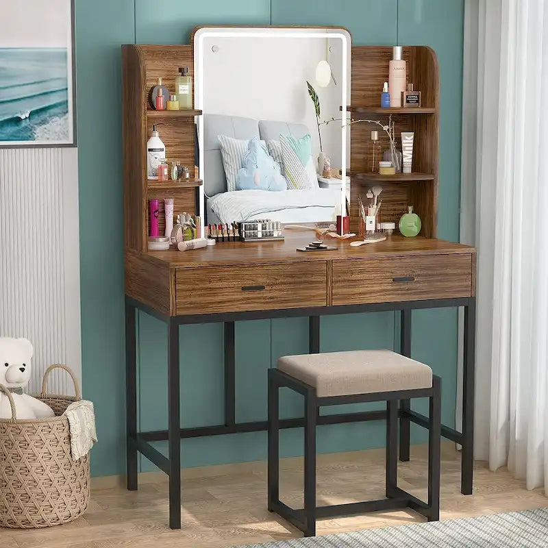 Coiffeuse avec miroirs LED, étagères de rangement, tabouret rembourré et 2 tiroirs