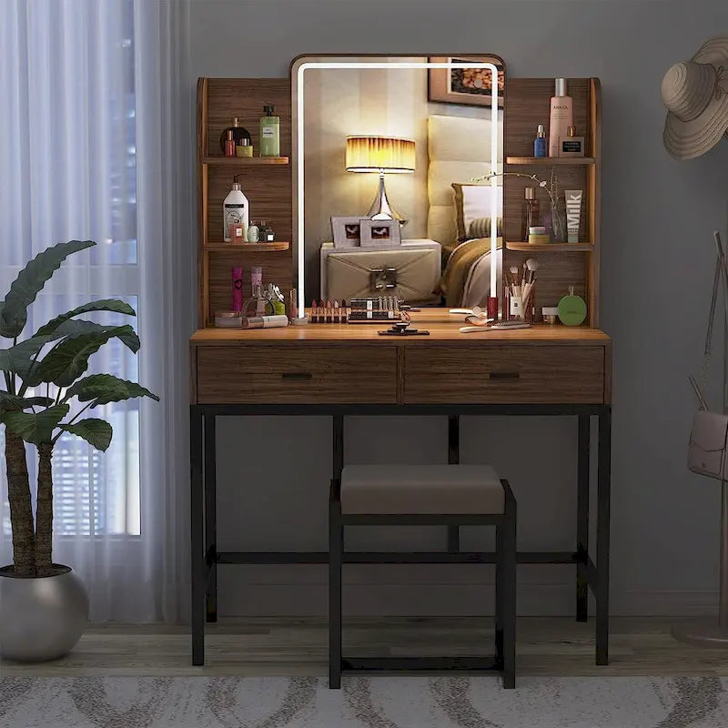 Coiffeuse avec miroirs LED, étagères de rangement, tabouret rembourré et 2 tiroirs