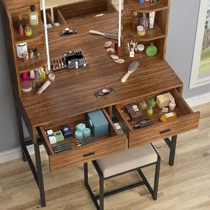Coiffeuse avec miroirs LED, étagères de rangement, tabouret rembourré et 2 tiroirs