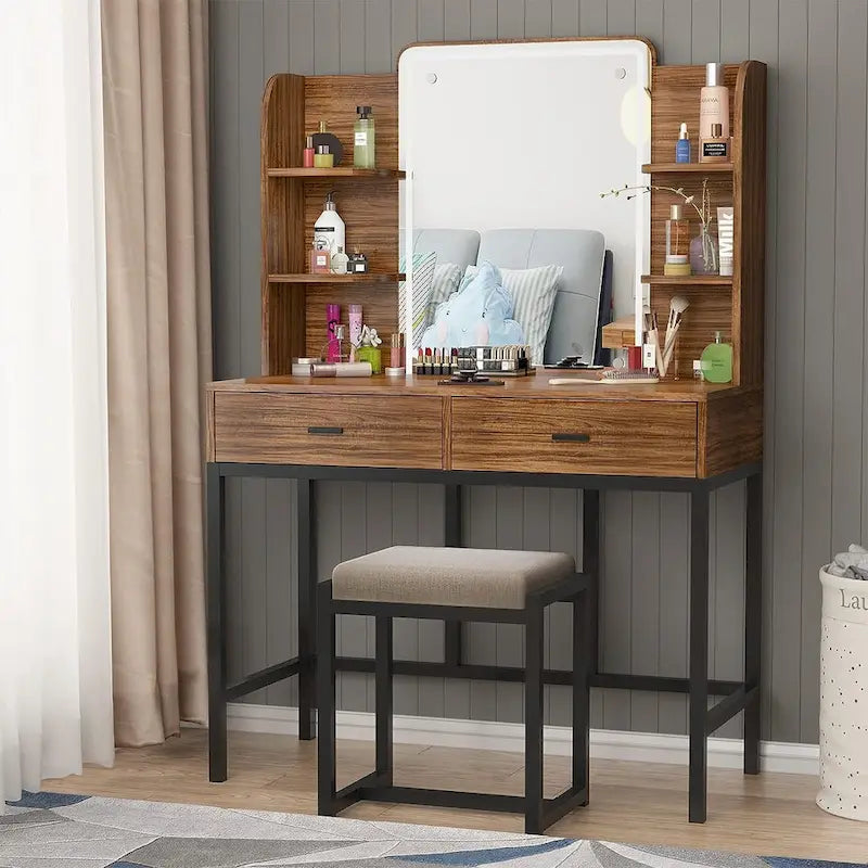 Coiffeuse avec miroirs LED, étagères de rangement, tabouret rembourré et 2 tiroirs