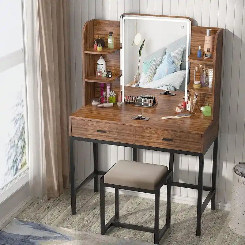 Coiffeuse avec miroirs LED, étagères de rangement, tabouret rembourré et 2 tiroirs
