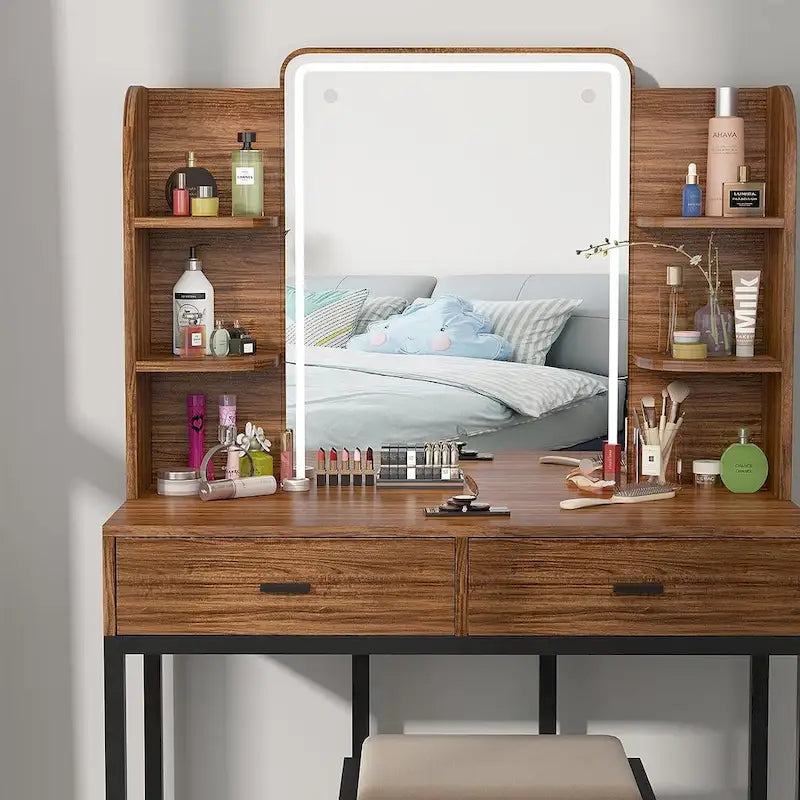 Coiffeuse avec miroirs LED, étagères de rangement, tabouret rembourré et 2 tiroirs