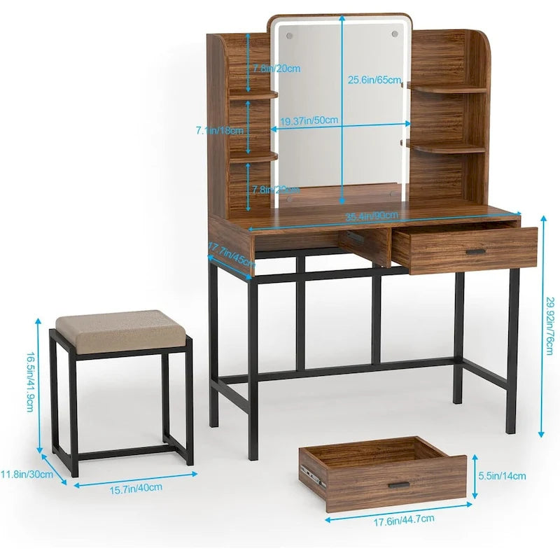 Coiffeuse avec miroirs LED, étagères de rangement, tabouret rembourré et 2 tiroirs