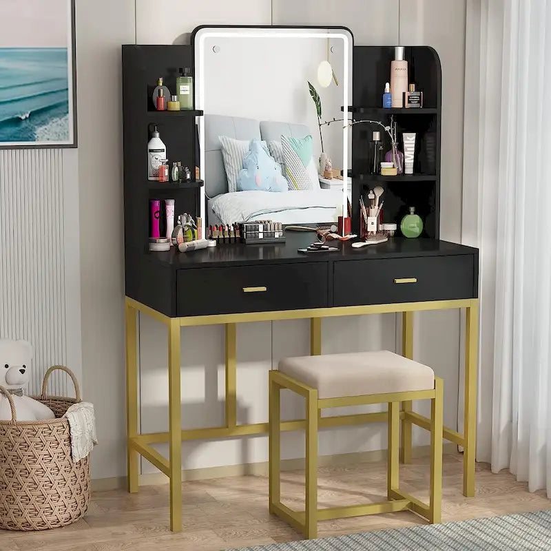 Coiffeuse avec miroirs LED, étagères de rangement, tabouret rembourré et 2 tiroirs