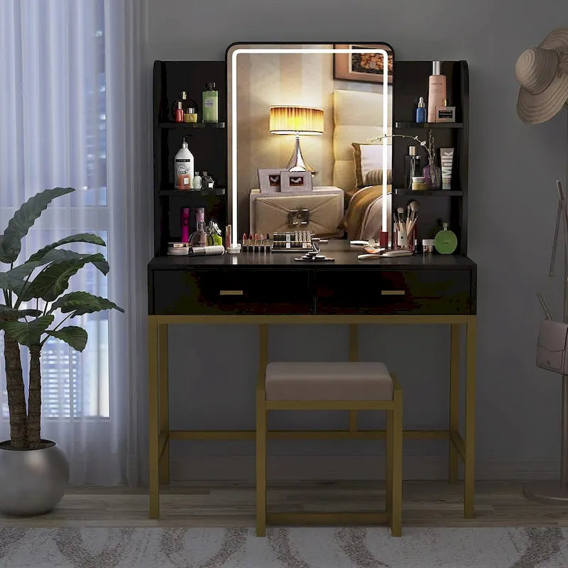 Coiffeuse avec miroirs LED, étagères de rangement, tabouret rembourré et 2 tiroirs
