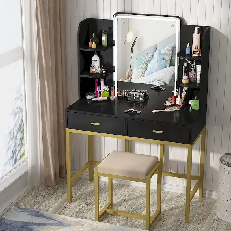 Coiffeuse avec miroirs LED, étagères de rangement, tabouret rembourré et 2 tiroirs