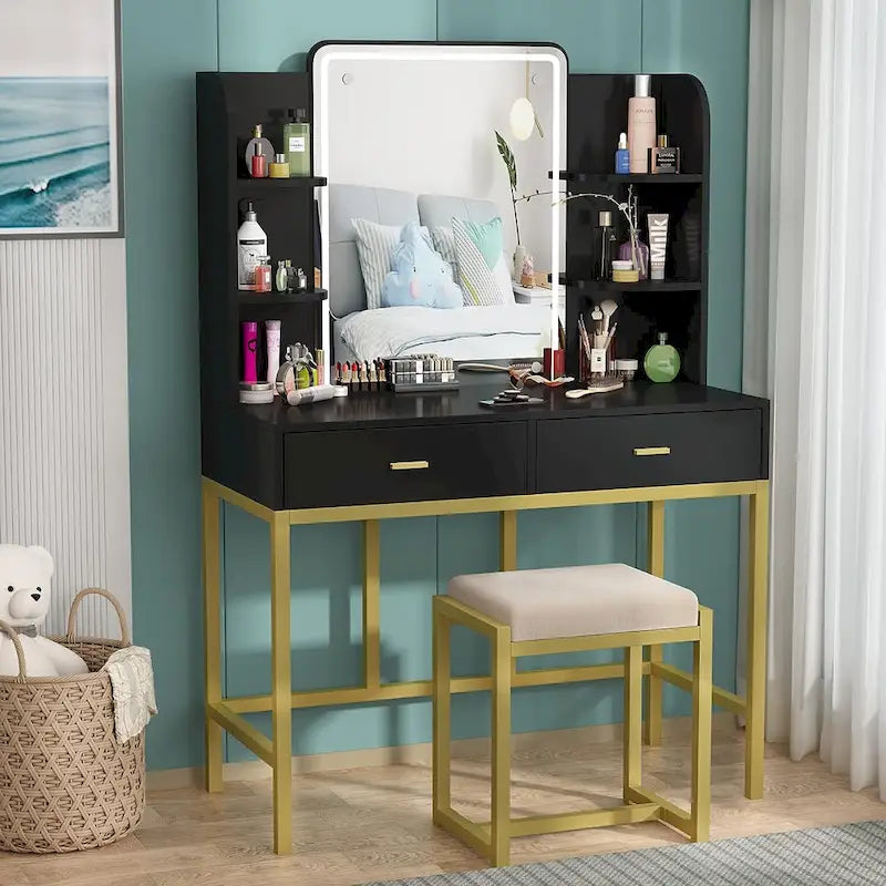 Coiffeuse avec miroirs LED, étagères de rangement, tabouret rembourré et 2 tiroirs