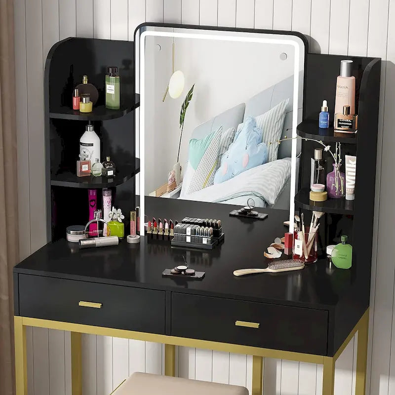 Coiffeuse avec miroirs LED, étagères de rangement, tabouret rembourré et 2 tiroirs