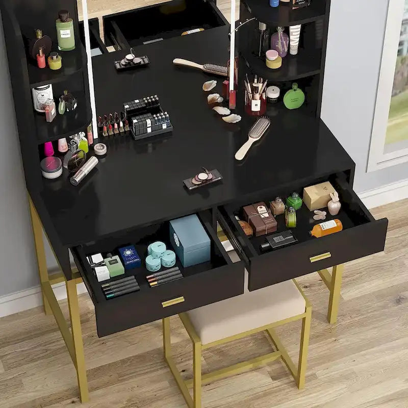 Coiffeuse avec miroirs LED, étagères de rangement, tabouret rembourré et 2 tiroirs