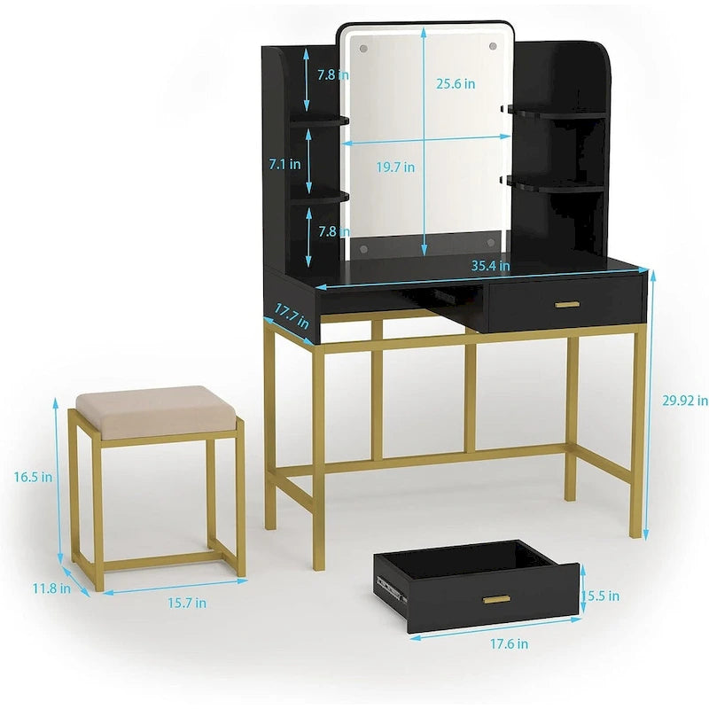 Coiffeuse avec miroirs LED, étagères de rangement, tabouret rembourré et 2 tiroirs