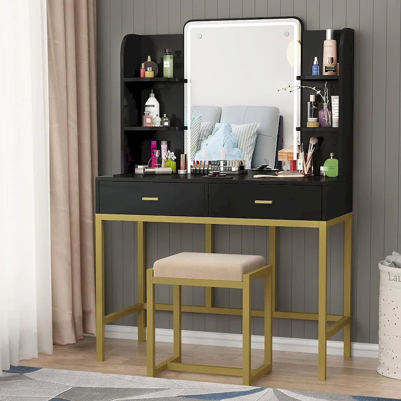 Coiffeuse avec miroirs LED, étagères de rangement, tabouret rembourré et 2 tiroirs