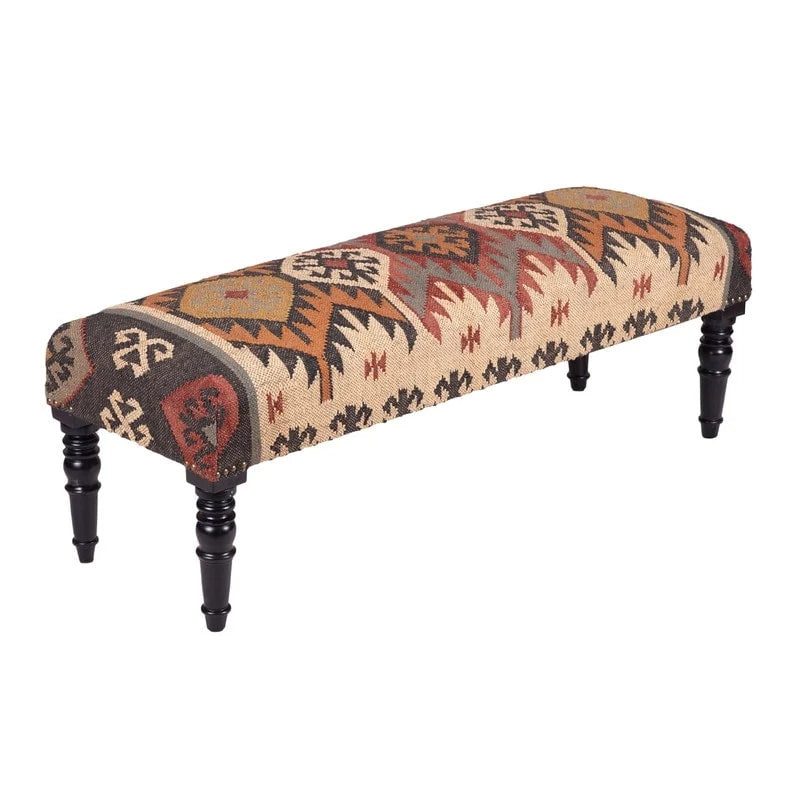 Banc en bois tapissé de Kilim fait main (Inde) - 122 L x 41 l x 46 H