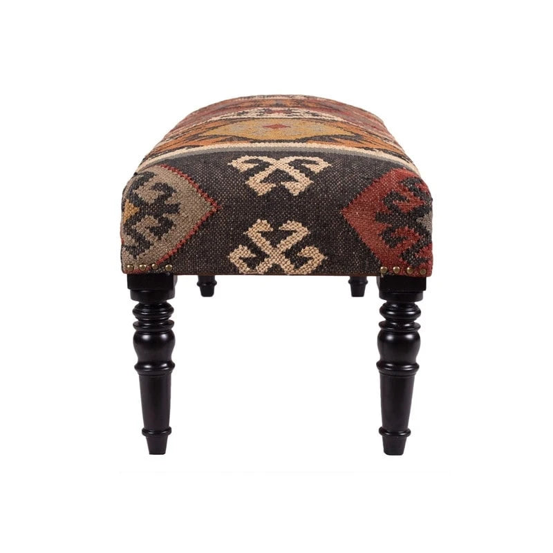 Banc en bois tapissé de Kilim fait main (Inde) - 122 L x 41 l x 46 H