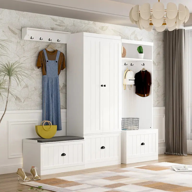 Banc de rangement d'entrée, porte-manteau et organiseur de placard 3-en-1