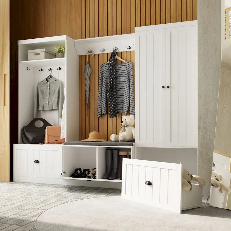 Banc de rangement d'entrée, porte-manteau et organiseur de placard 3-en-1