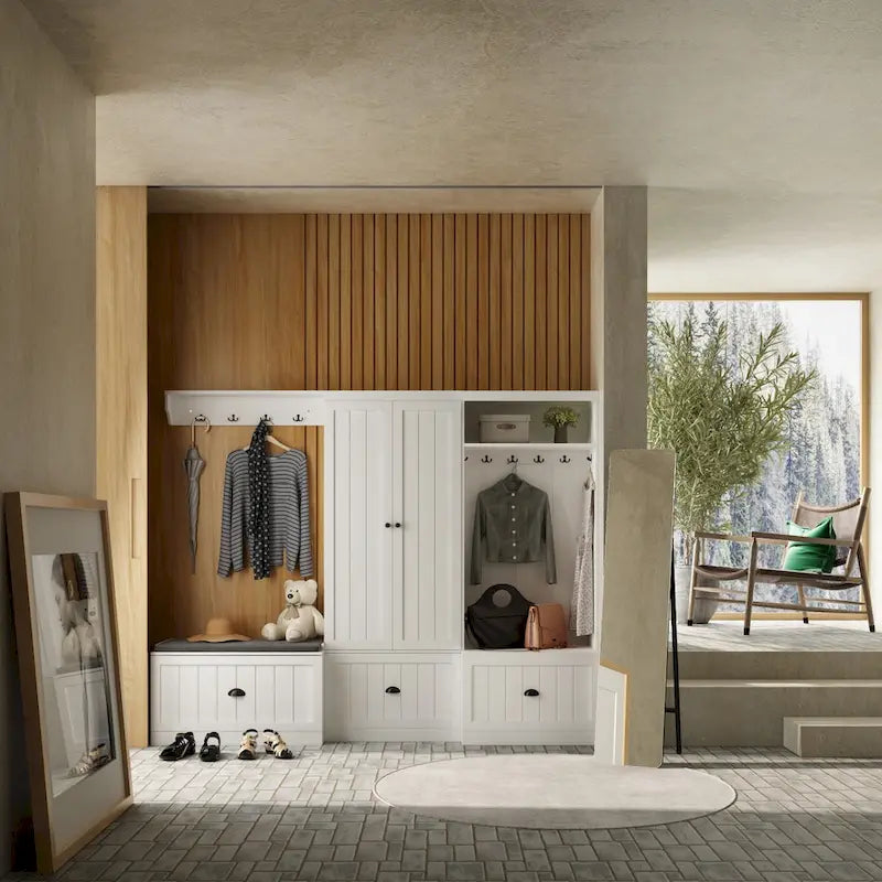Banc de rangement d'entrée, porte-manteau et organiseur de placard 3-en-1
