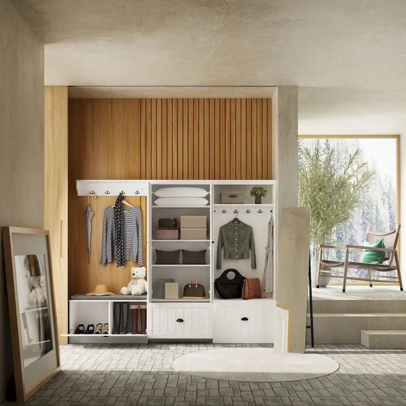 Banc de rangement d'entrée, porte-manteau et organiseur de placard 3-en-1