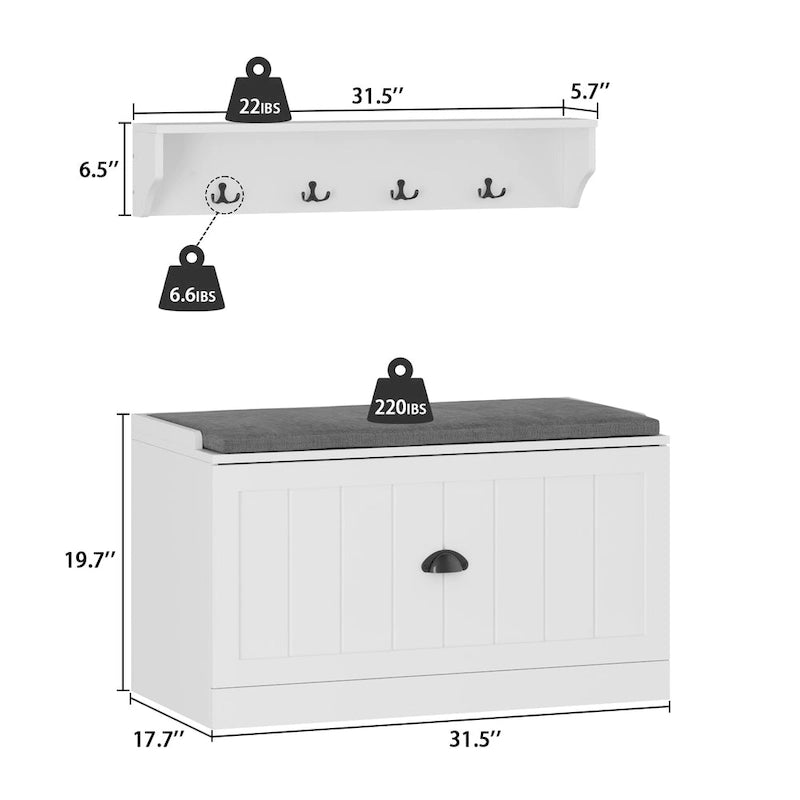 Banc de rangement d'entrée, porte-manteau et organiseur de placard 3-en-1