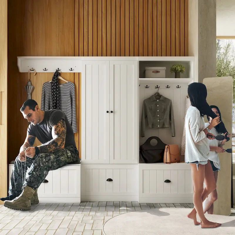 Banc de rangement d'entrée, porte-manteau et organiseur de placard 3-en-1