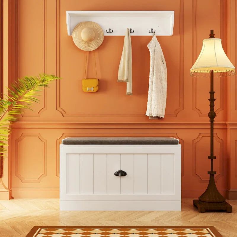 Banc de rangement d'entrée, porte-manteau et organiseur de placard 3-en-1