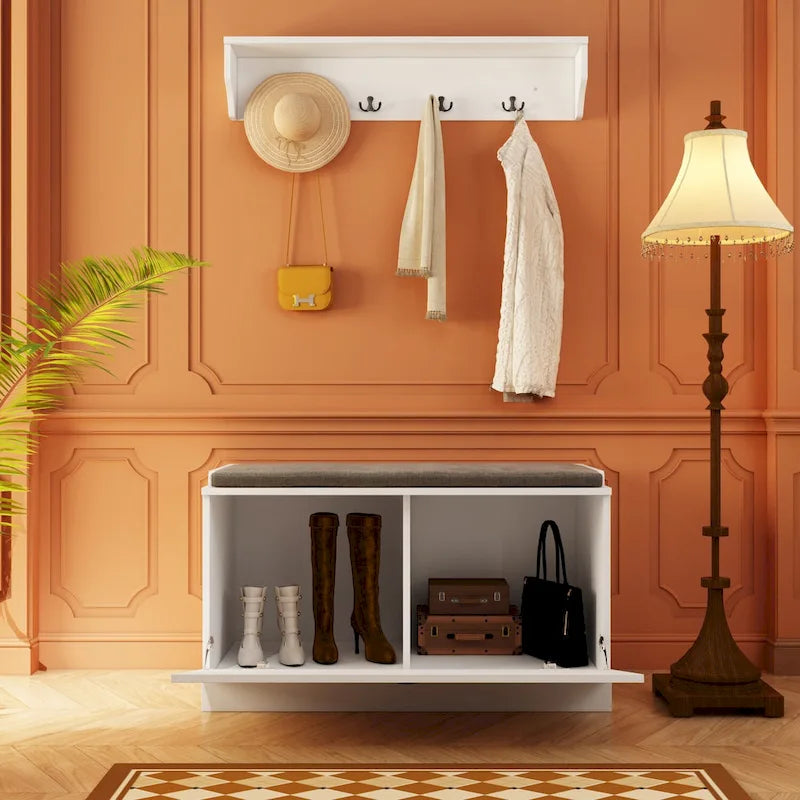 Banc de rangement d'entrée, porte-manteau et organiseur de placard 3-en-1