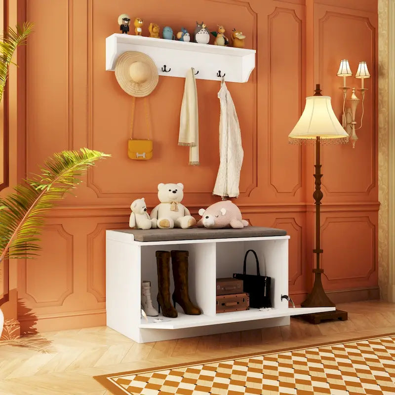 Banc de rangement d'entrée, porte-manteau et organiseur de placard 3-en-1