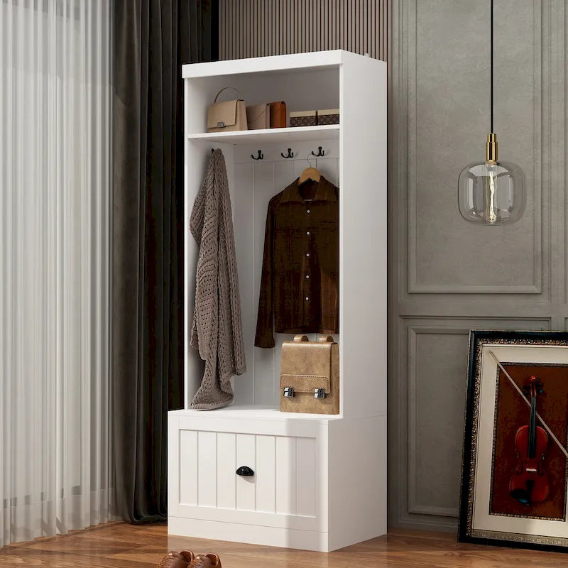 Banc de rangement d'entrée, porte-manteau et organiseur de placard 3-en-1