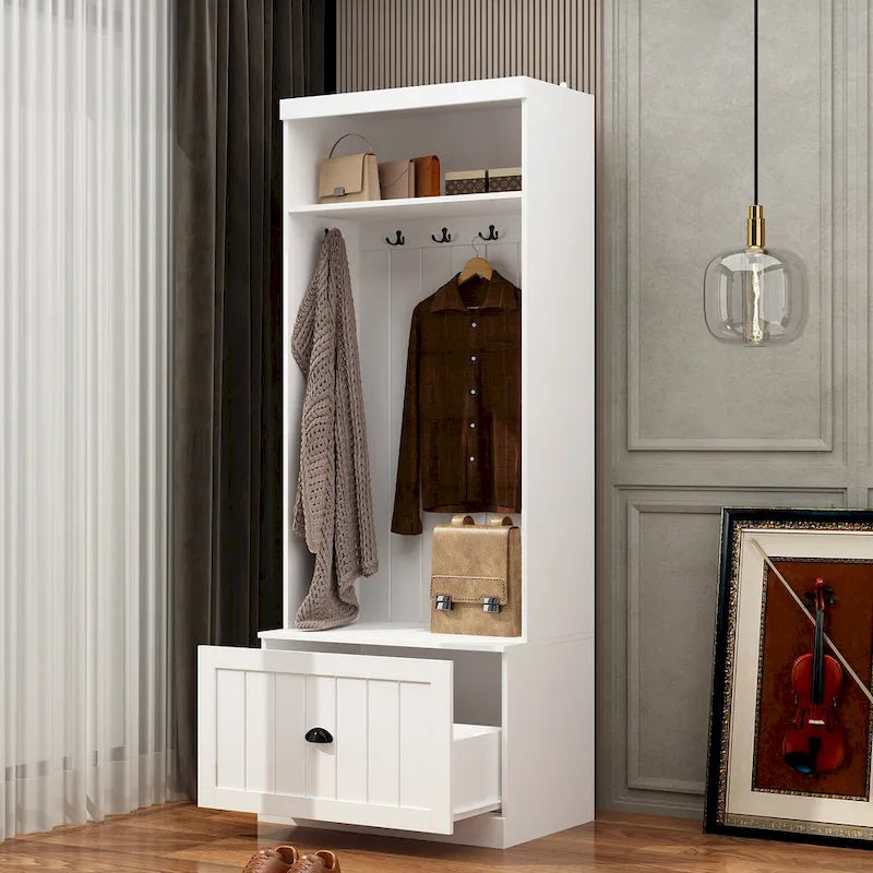 Banc de rangement d'entrée, porte-manteau et organiseur de placard 3-en-1