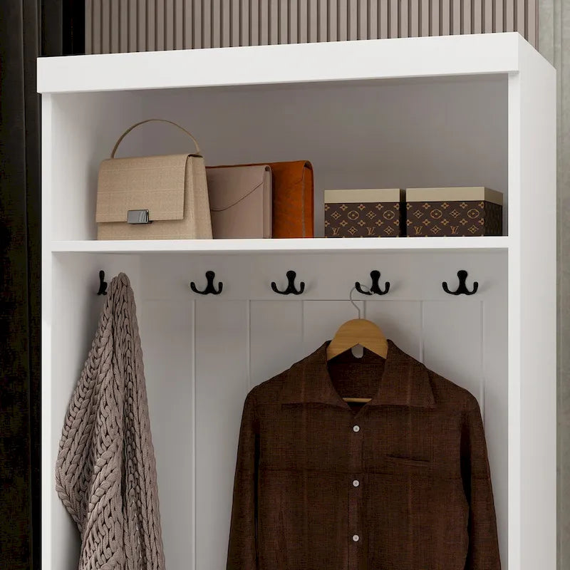 Banc de rangement d'entrée, porte-manteau et organiseur de placard 3-en-1