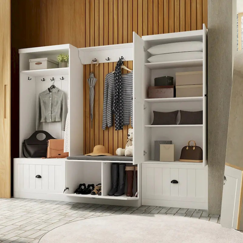 Banc de rangement d'entrée, porte-manteau et organiseur de placard 3-en-1