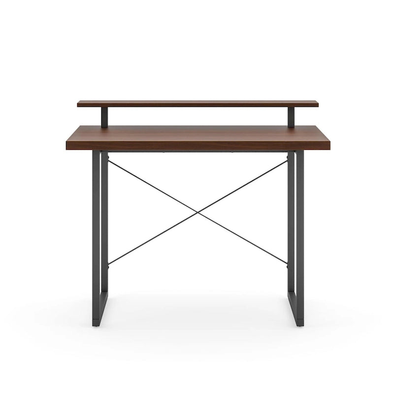 Bureau en bois marron avec support d'écran intégré